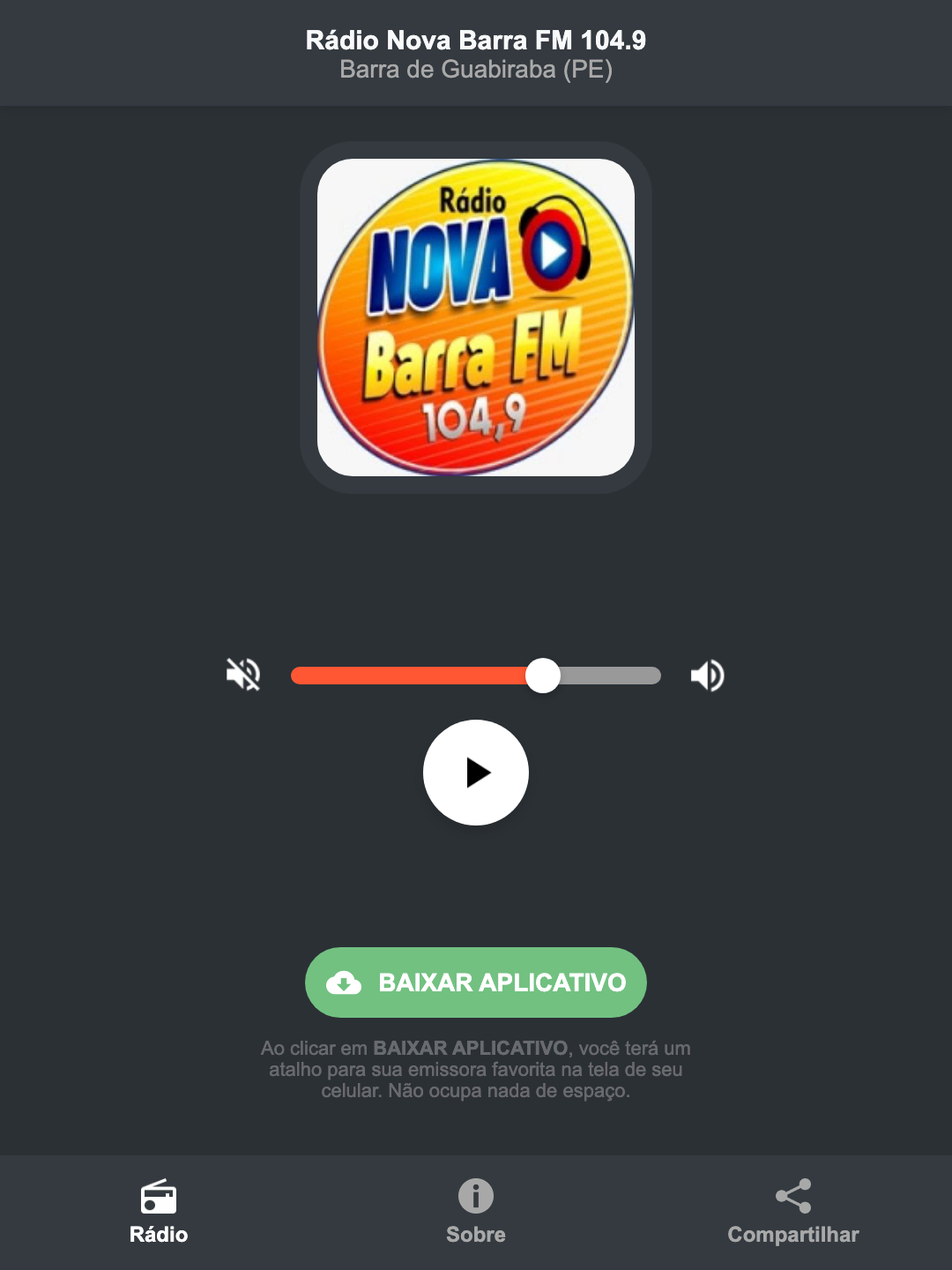 Screenshot do aplicativo da Rádio Nova Barra FM 104.9
