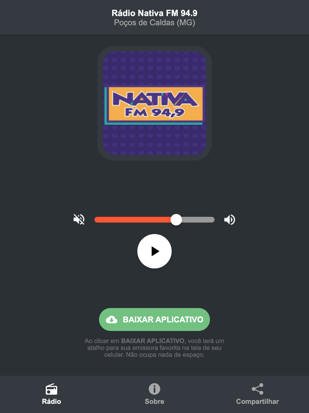 Screenshot do aplicativo da Rádio Nativa FM 94.9