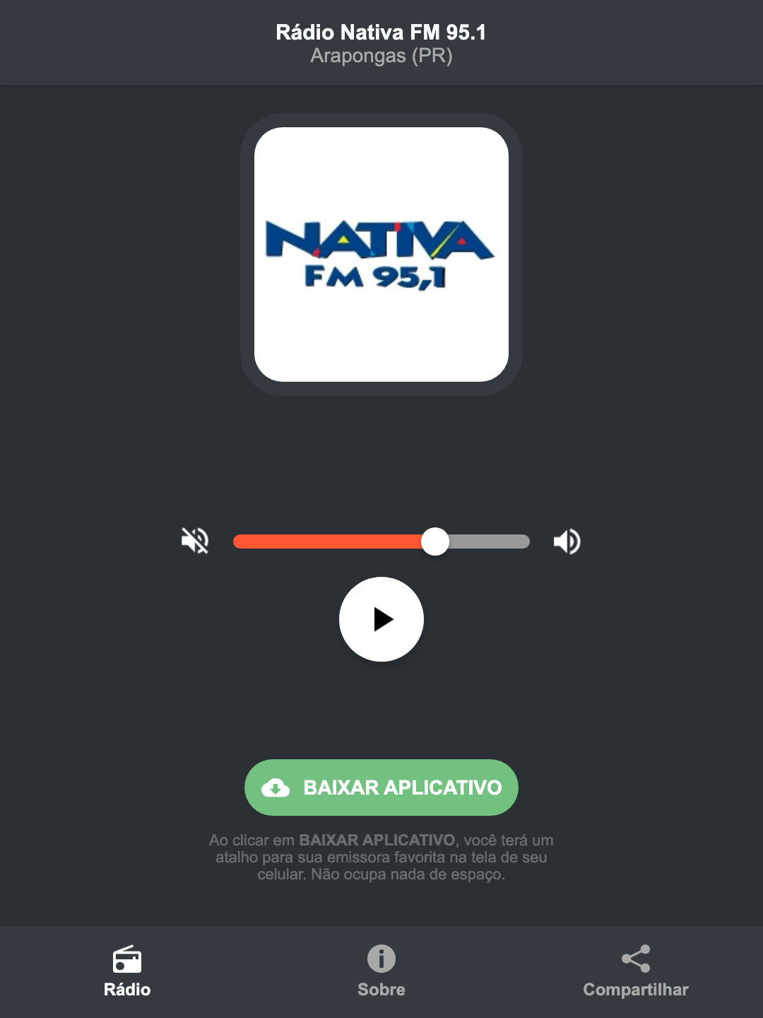 Screenshot do aplicativo da Rádio Nativa FM 95.1
