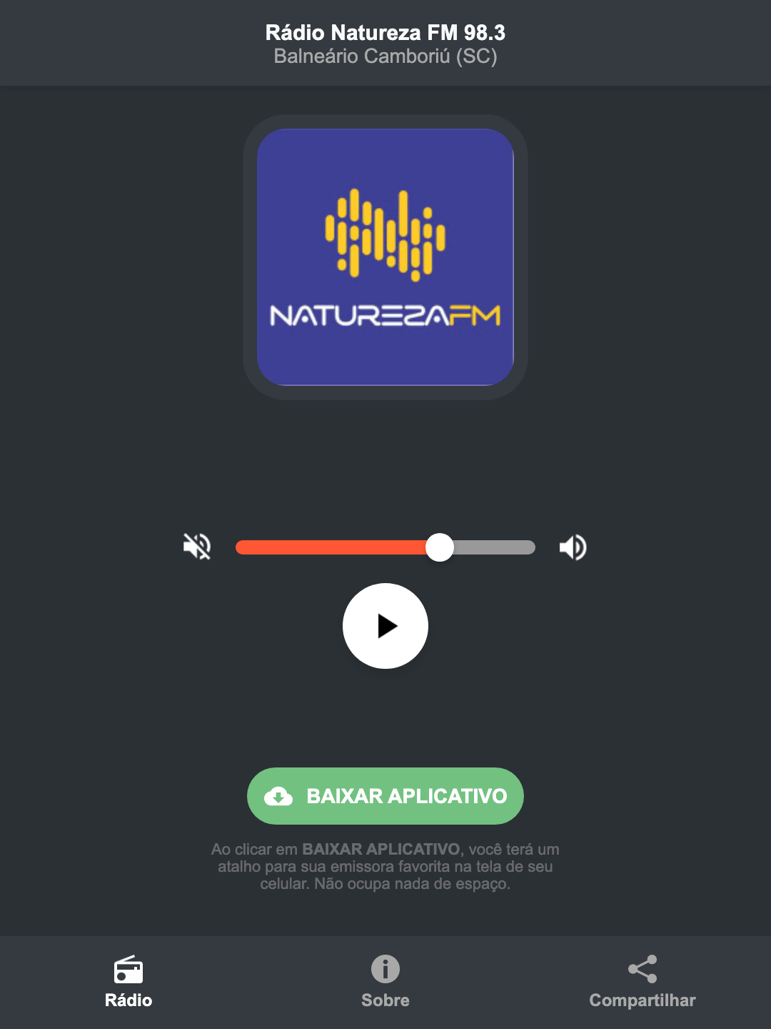 Screenshot do aplicativo da Rádio Natureza FM 98.3