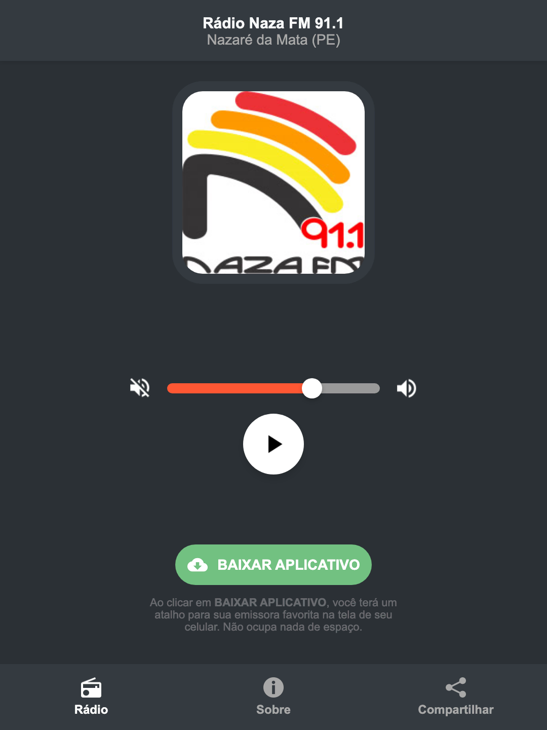 Screenshot do aplicativo da Rádio Naza FM 91.1