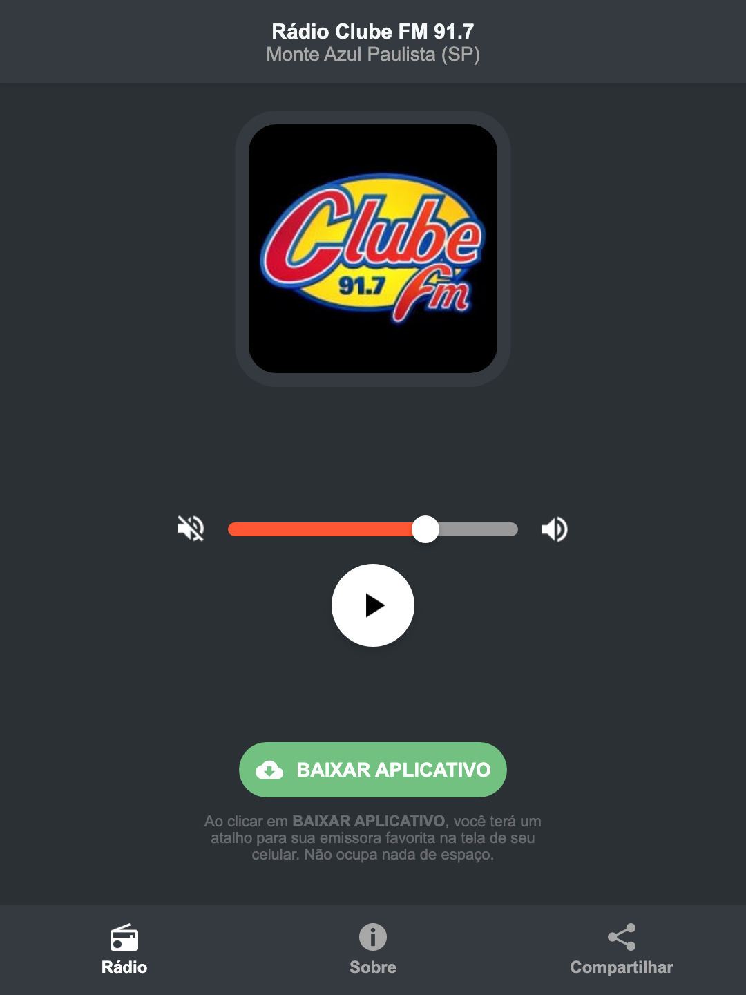 Screenshot do aplicativo da Rádio Clube FM 91.7