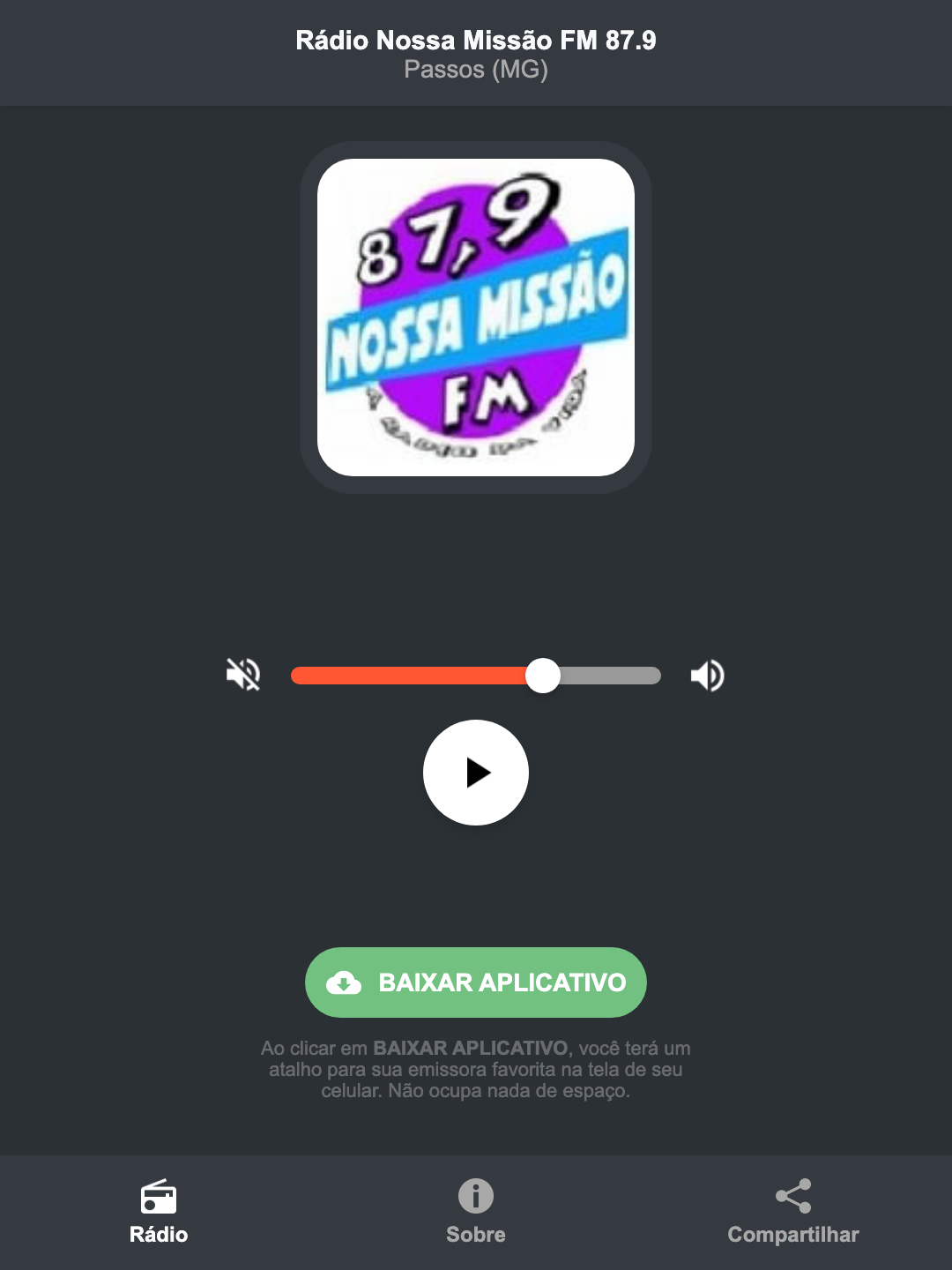Screenshot do aplicativo da Rádio Nossa Missão FM 87.9