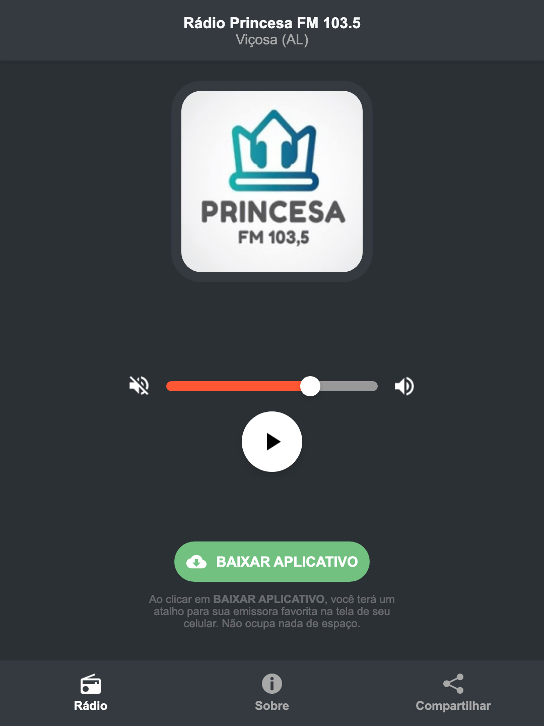 Screenshot do aplicativo da Rádio Princesa FM 103.5