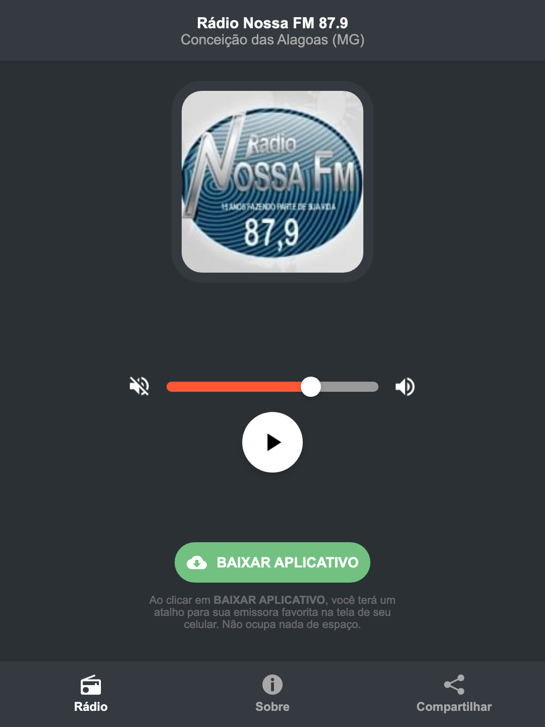 Screenshot do aplicativo da Rádio Nossa FM 87.9