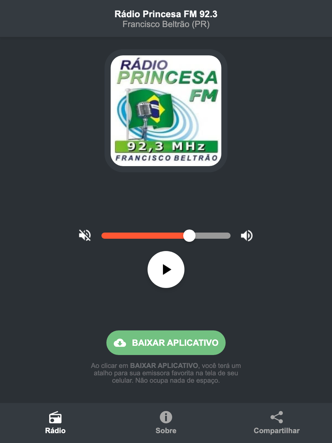 Screenshot do aplicativo da Rádio Princesa FM 92.3