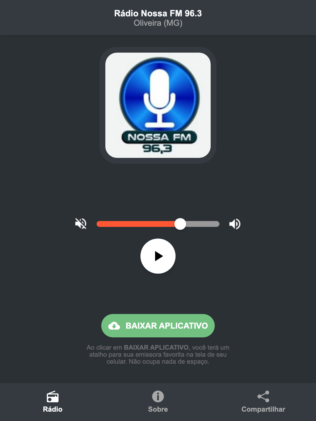 Screenshot do aplicativo da Rádio Nossa FM 96.3