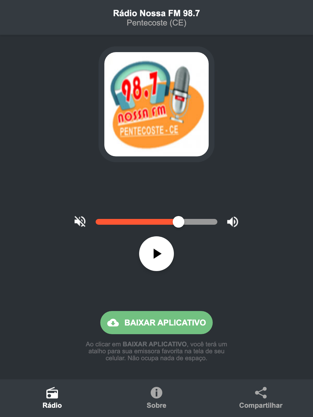 Screenshot do aplicativo da Rádio Nossa FM 98.7