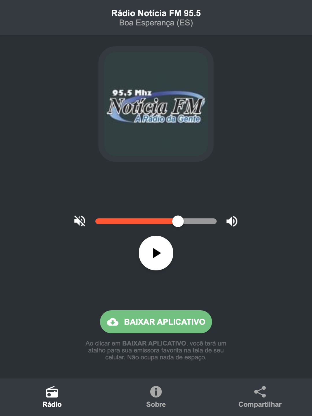 Screenshot do aplicativo da Rádio Notícia FM 95.5