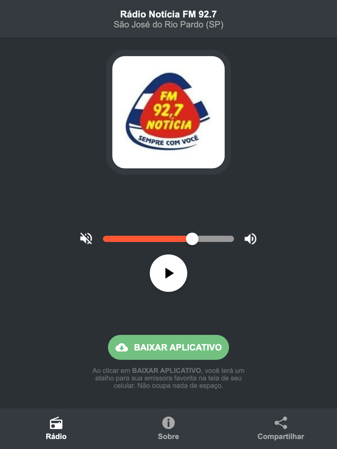 Screenshot do aplicativo da Rádio Notícia FM 92.7