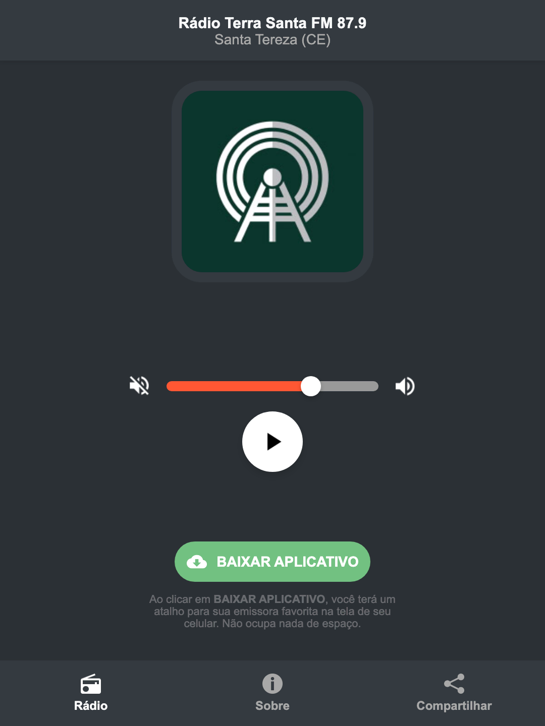Screenshot do aplicativo da Rádio Terra Santa FM 87.9