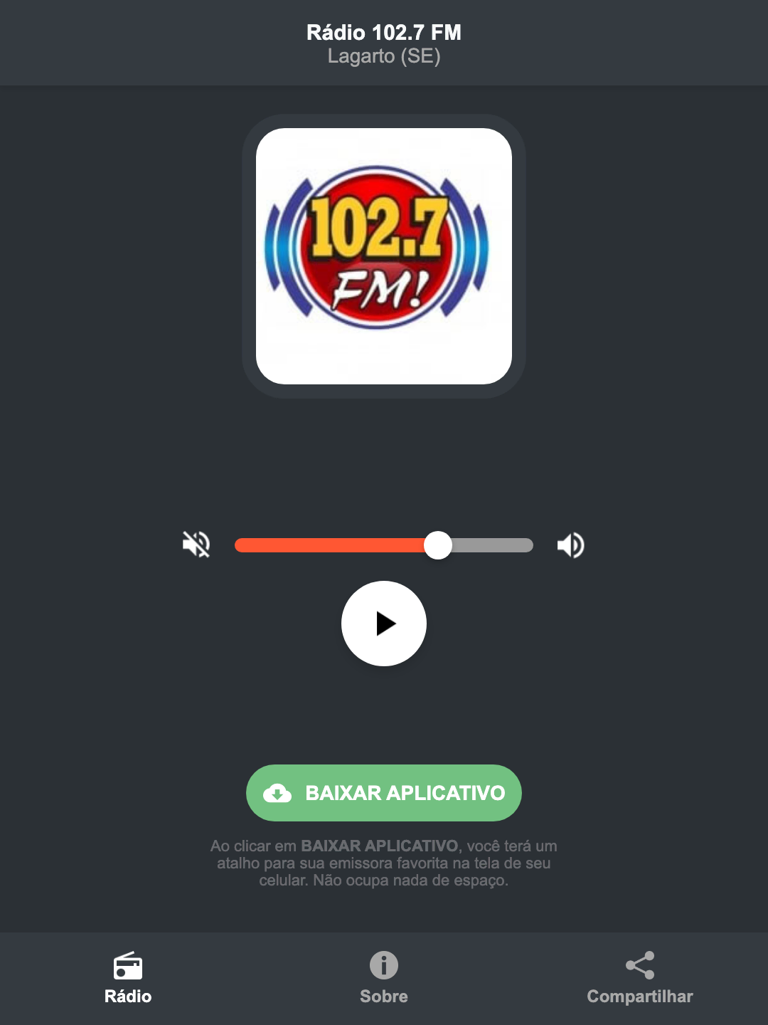 Screenshot do aplicativo da Rádio 102.7 FM