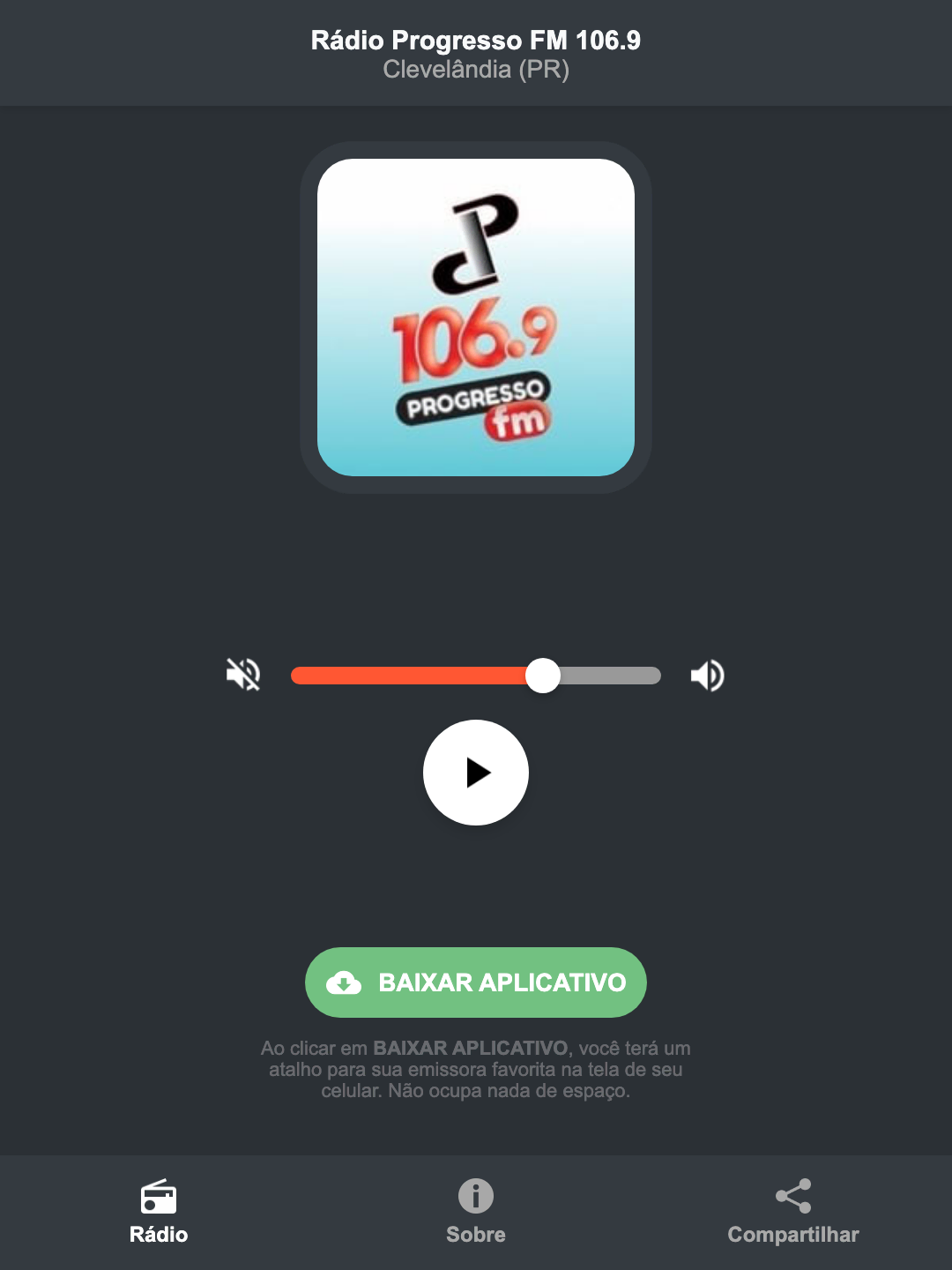 Screenshot do aplicativo da Rádio Progresso FM 106.9