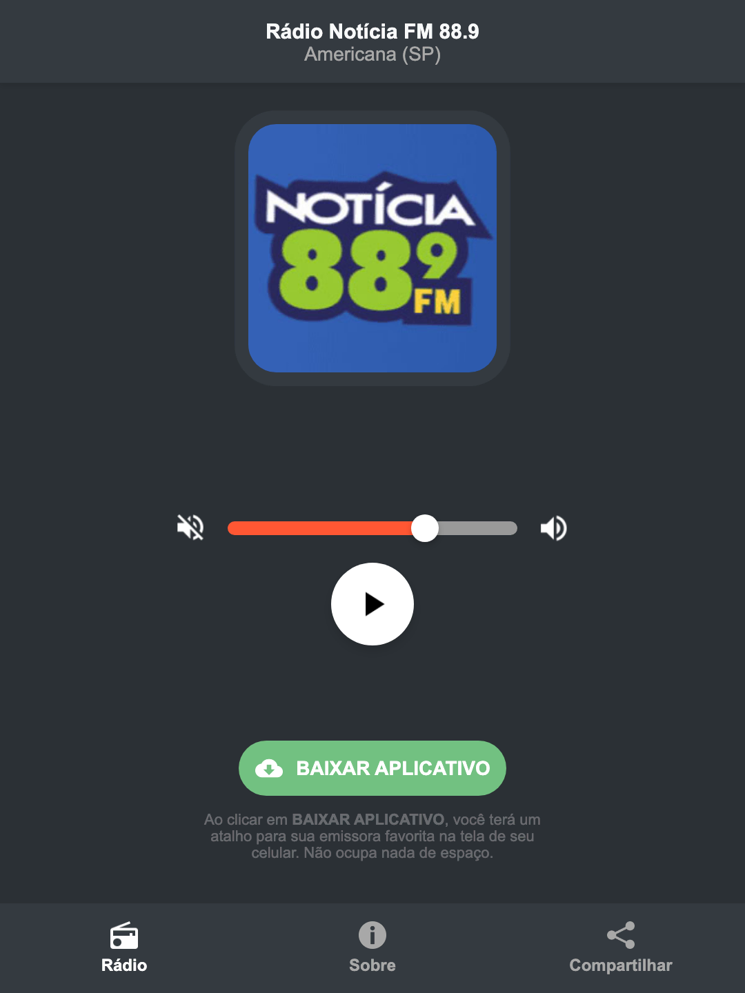Screenshot do aplicativo da Rádio Notícia FM 88.9
