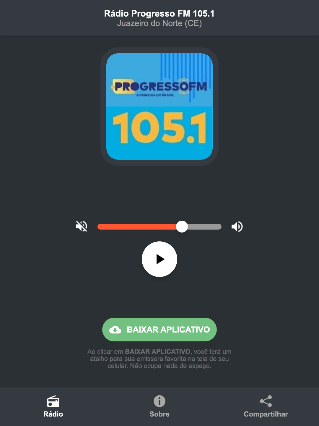 Screenshot do aplicativo da Rádio Progresso FM 105.1