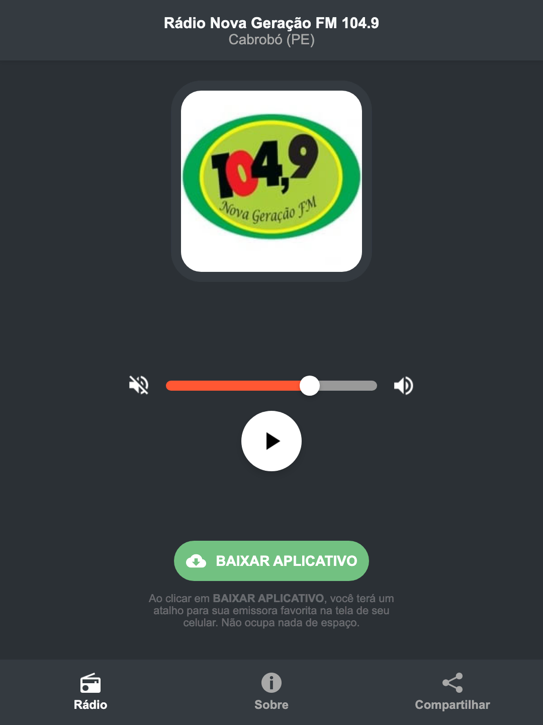 Screenshot do aplicativo da Rádio Nova Geração FM 104.9