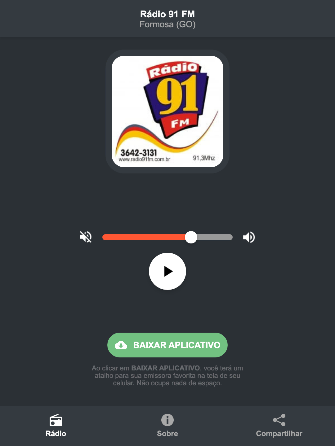 Screenshot do aplicativo da Rádio 91 FM