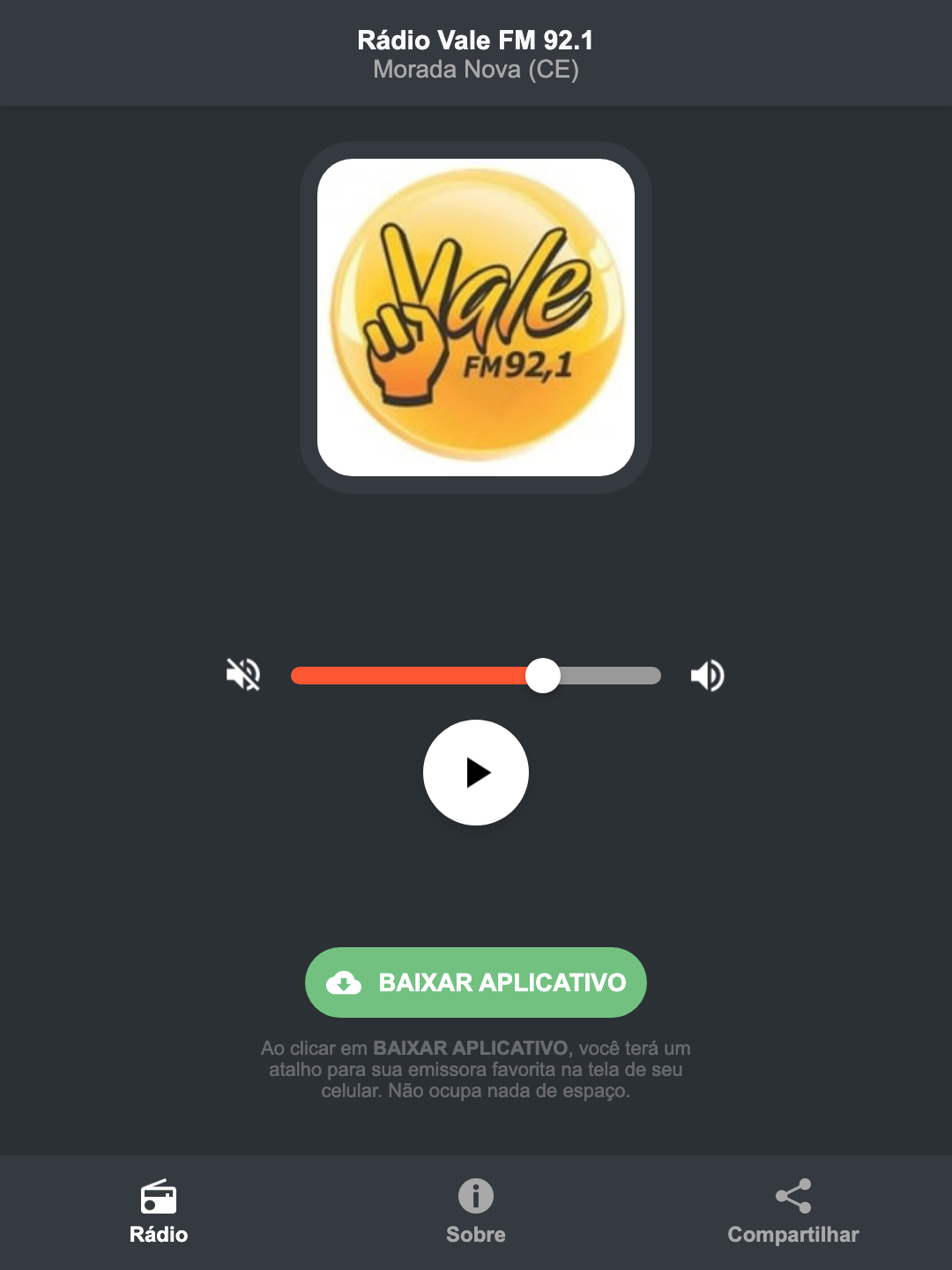 Screenshot do aplicativo da Rádio Vale FM 92.1