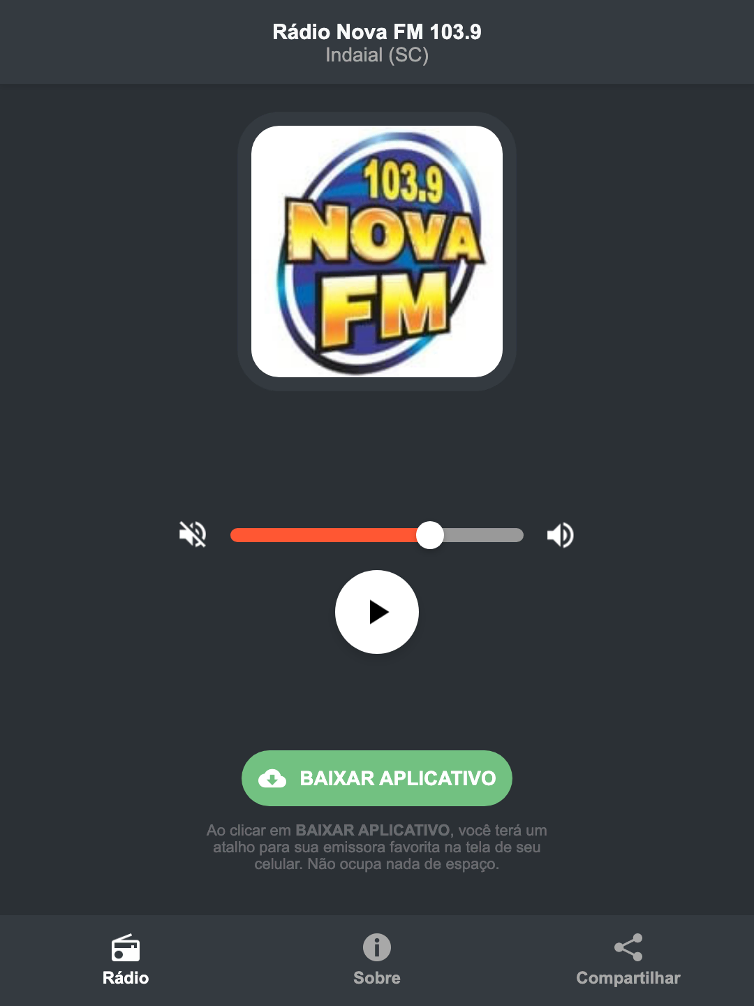 Screenshot do aplicativo da Rádio Nova FM 103.9
