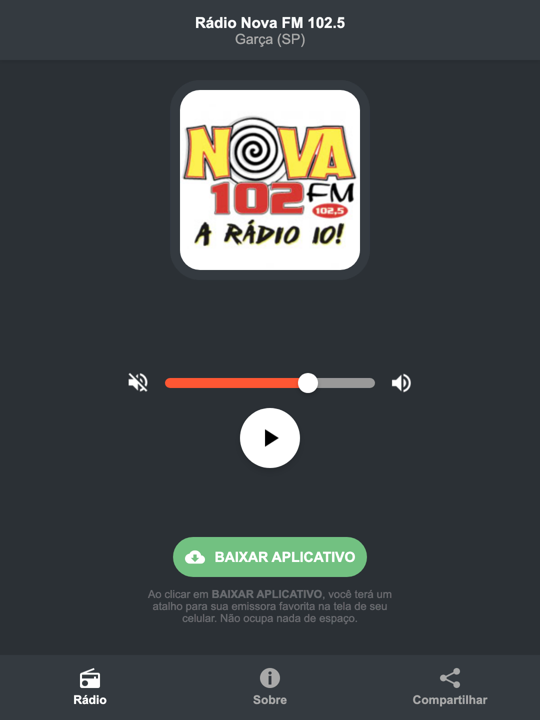 Screenshot do aplicativo da Rádio Nova FM 102.5