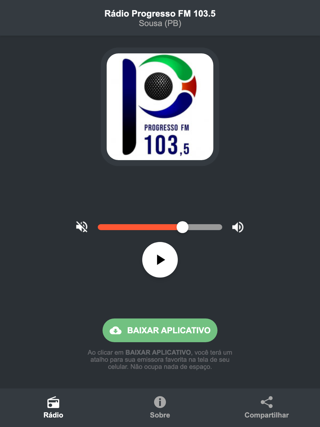 Screenshot do aplicativo da Rádio Progresso FM 103.5