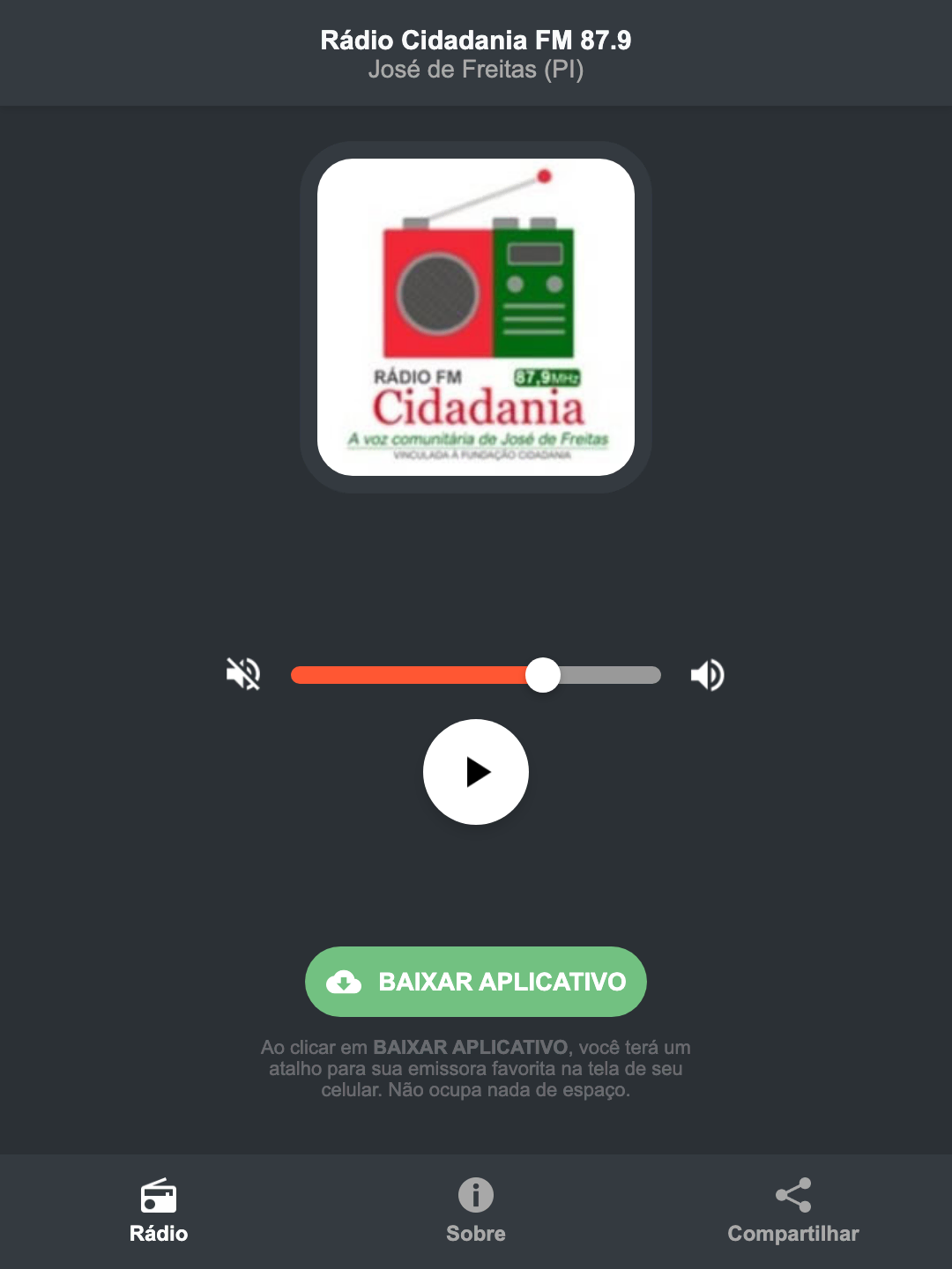 Screenshot do aplicativo da Rádio Cidadania FM 87.9