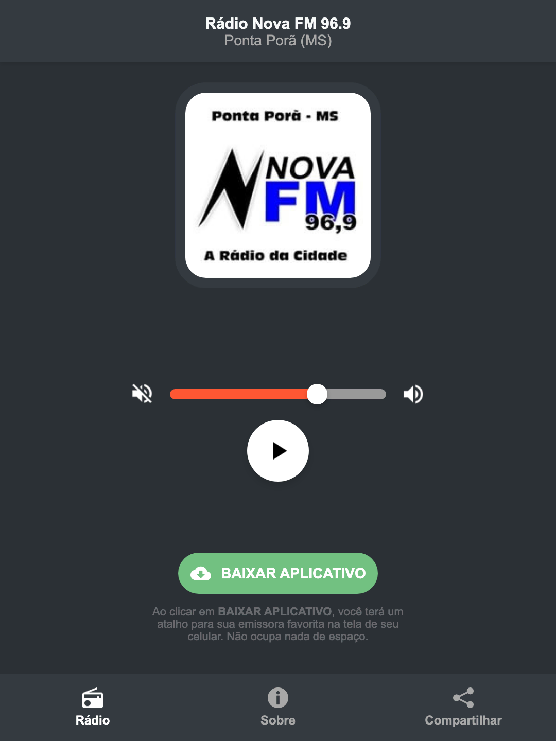 Screenshot do aplicativo da Rádio Nova FM 96.9