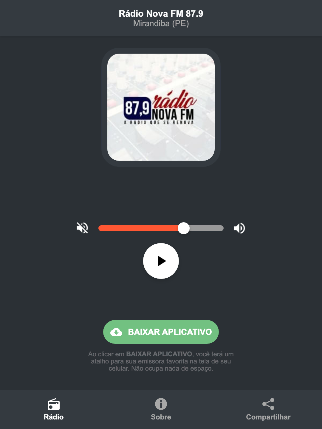 Screenshot do aplicativo da Rádio Nova FM 87.9