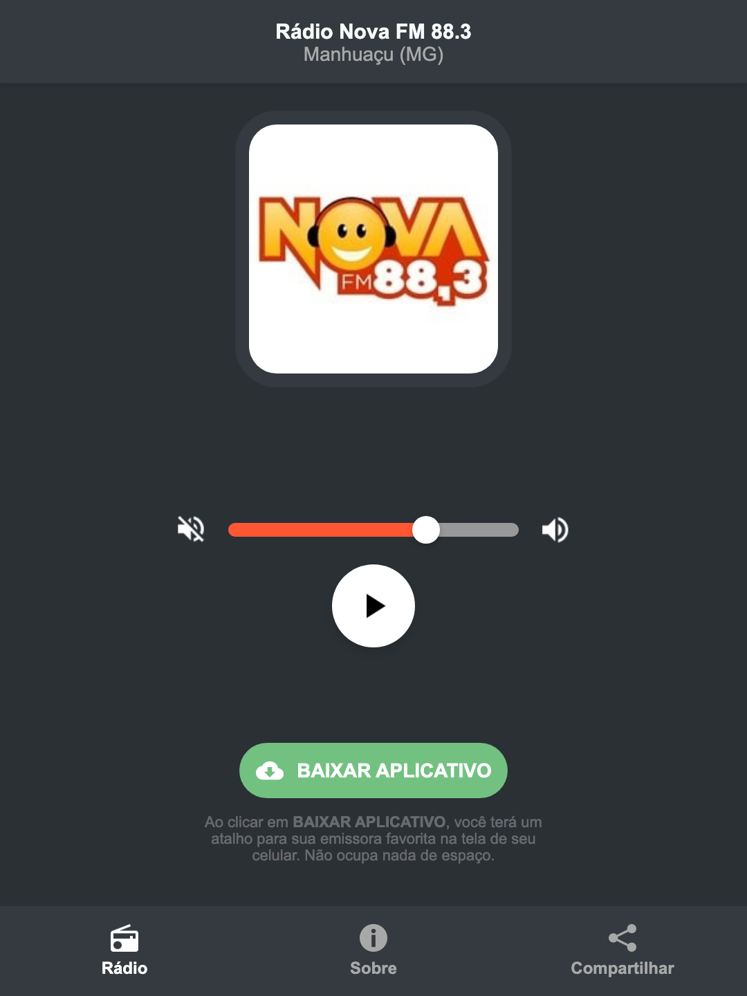 Screenshot do aplicativo da Rádio Nova FM 88.3