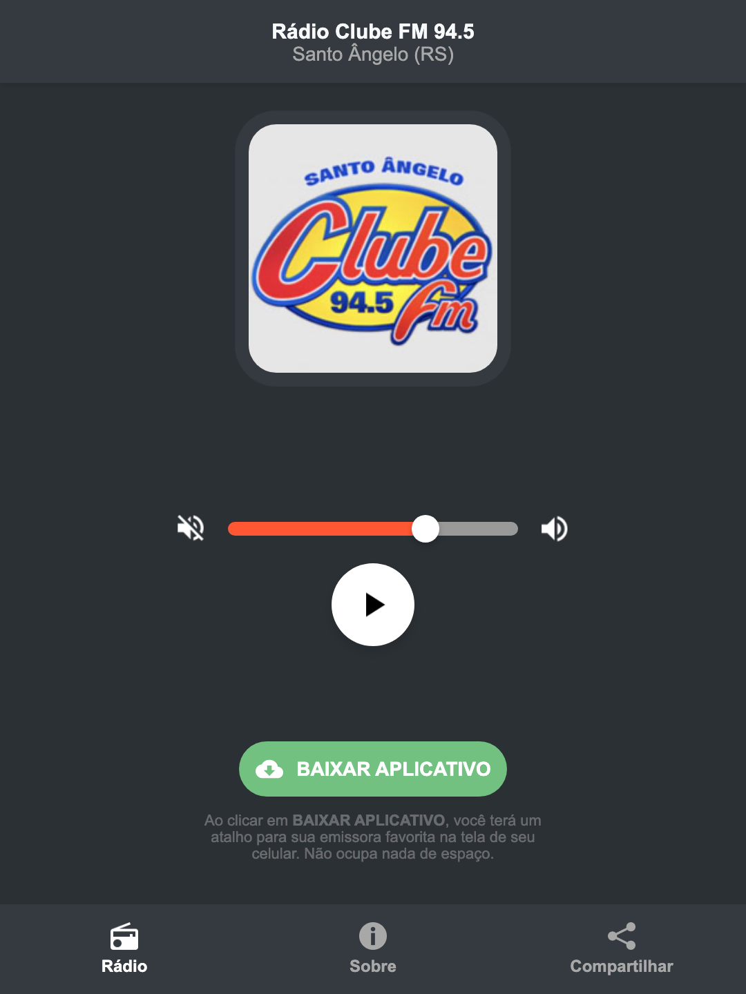 Screenshot do aplicativo da Rádio Clube FM 94.5