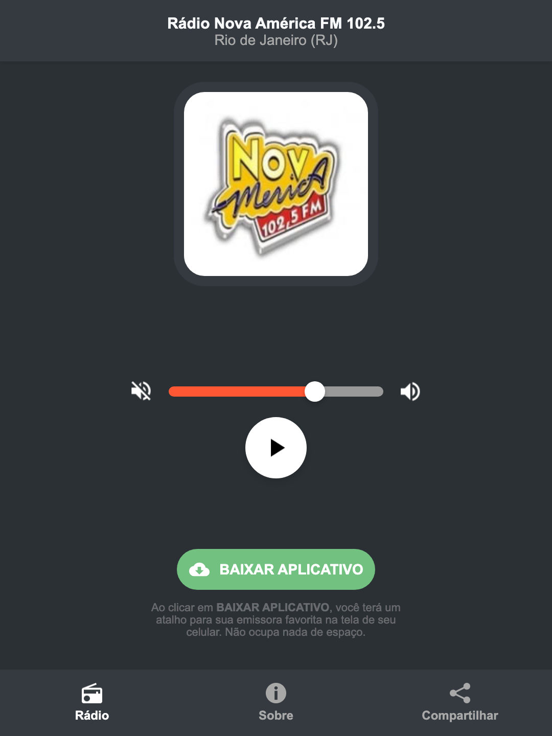 Screenshot do aplicativo da Rádio Nova América FM 102.5