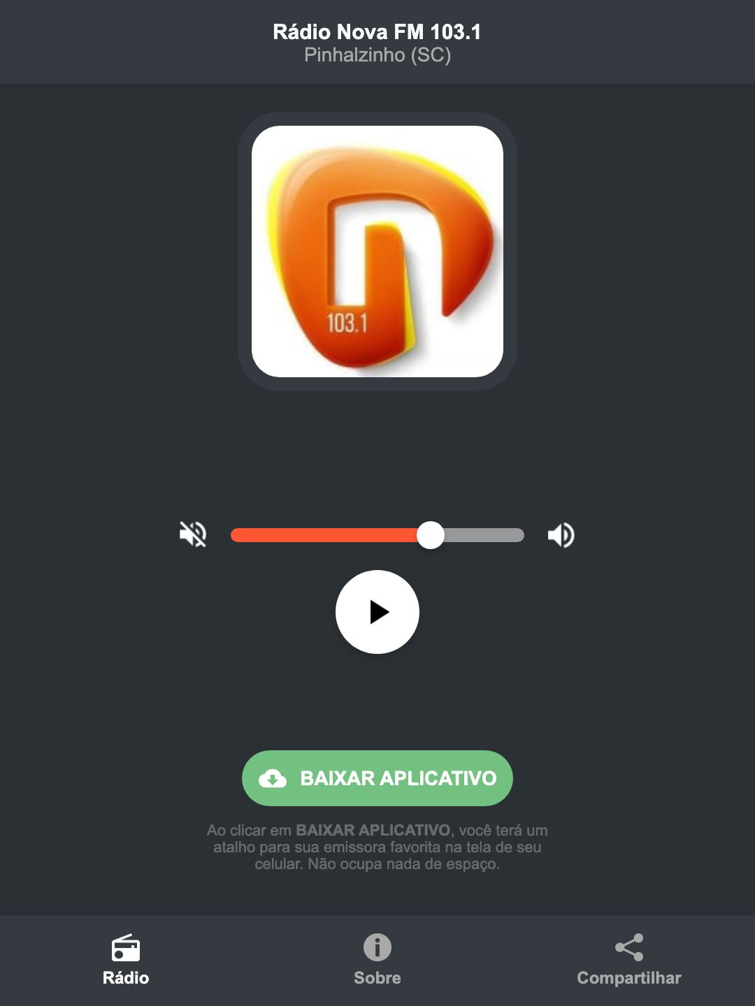 Screenshot do aplicativo da Rádio Nova FM 103.1