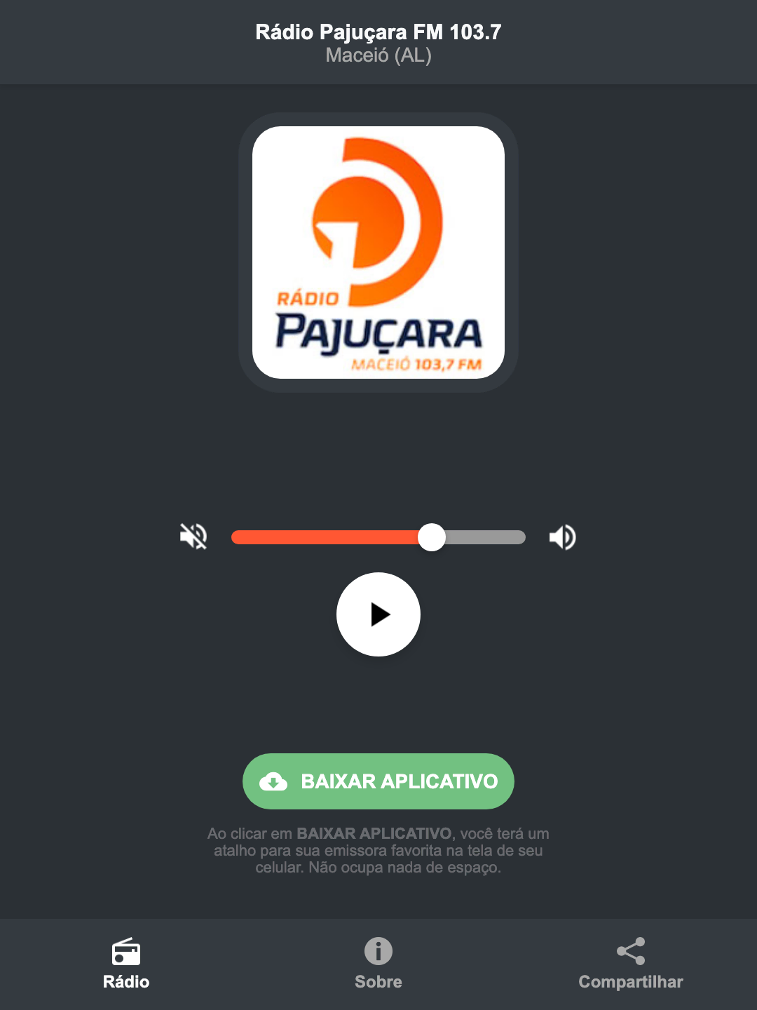 Screenshot do aplicativo da Rádio Pajuçara FM 103.7