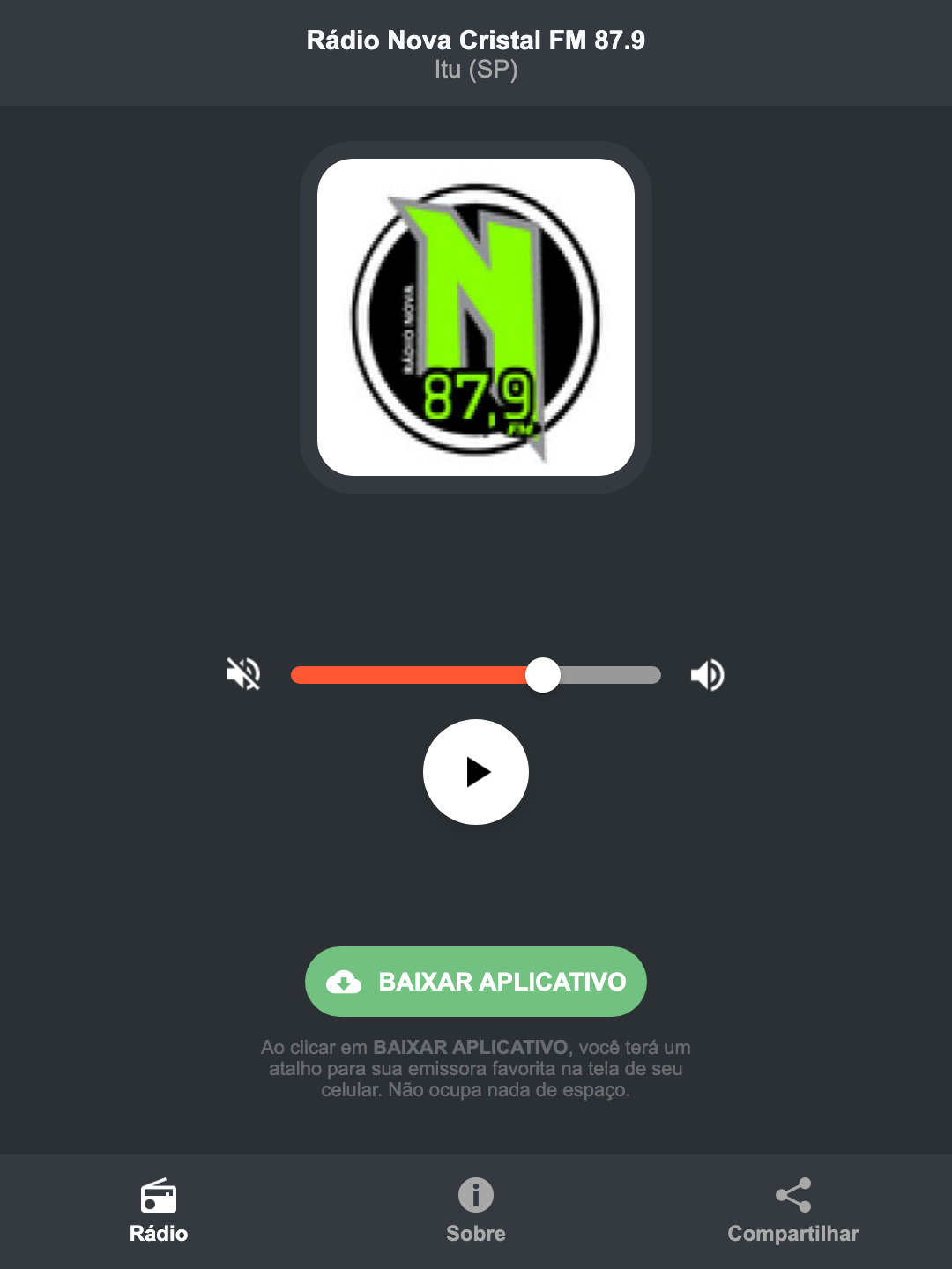 Screenshot do aplicativo da Rádio Nova Cristal FM 87.9
