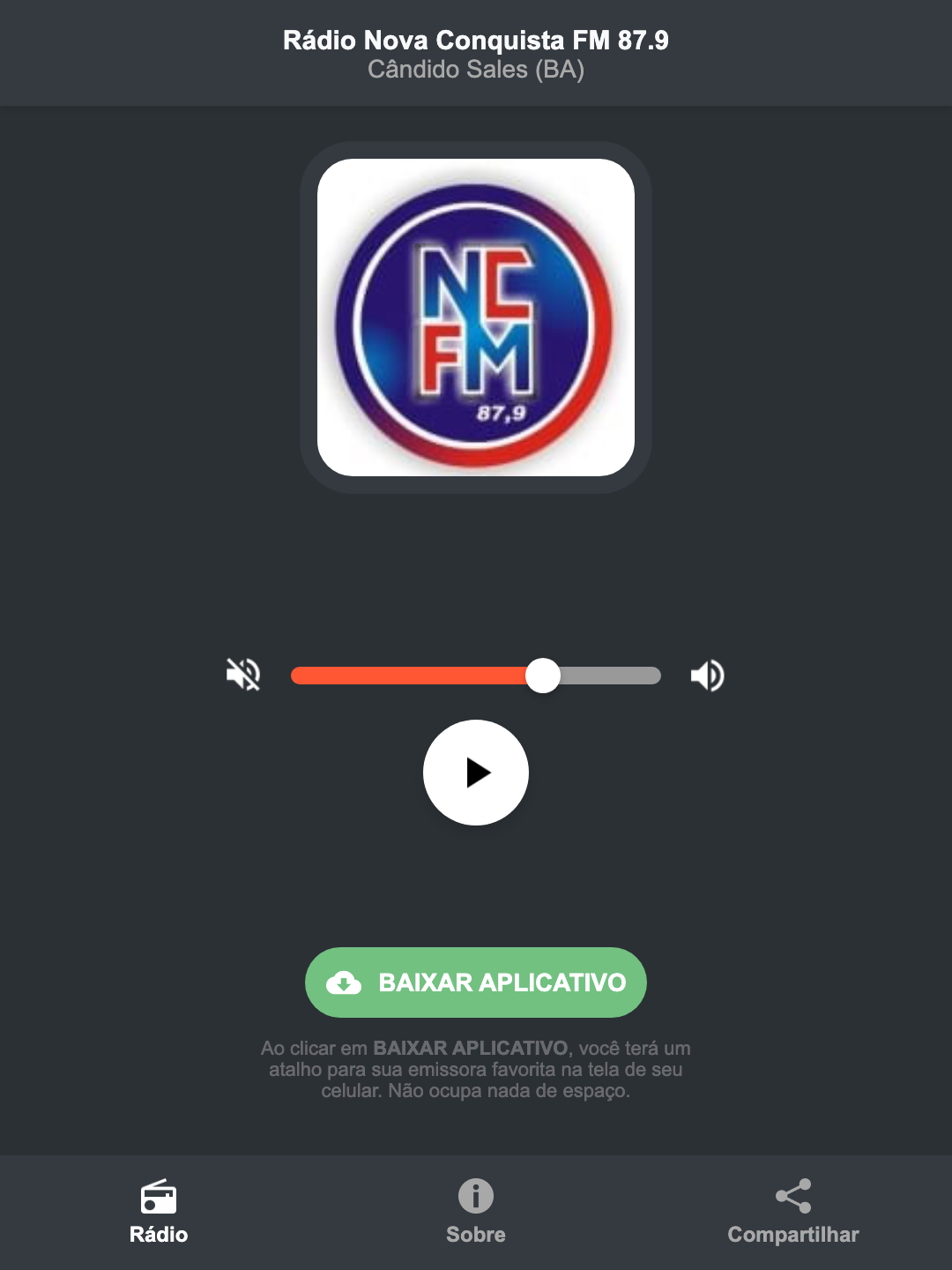 Screenshot do aplicativo da Rádio Nova Conquista FM 87.9
