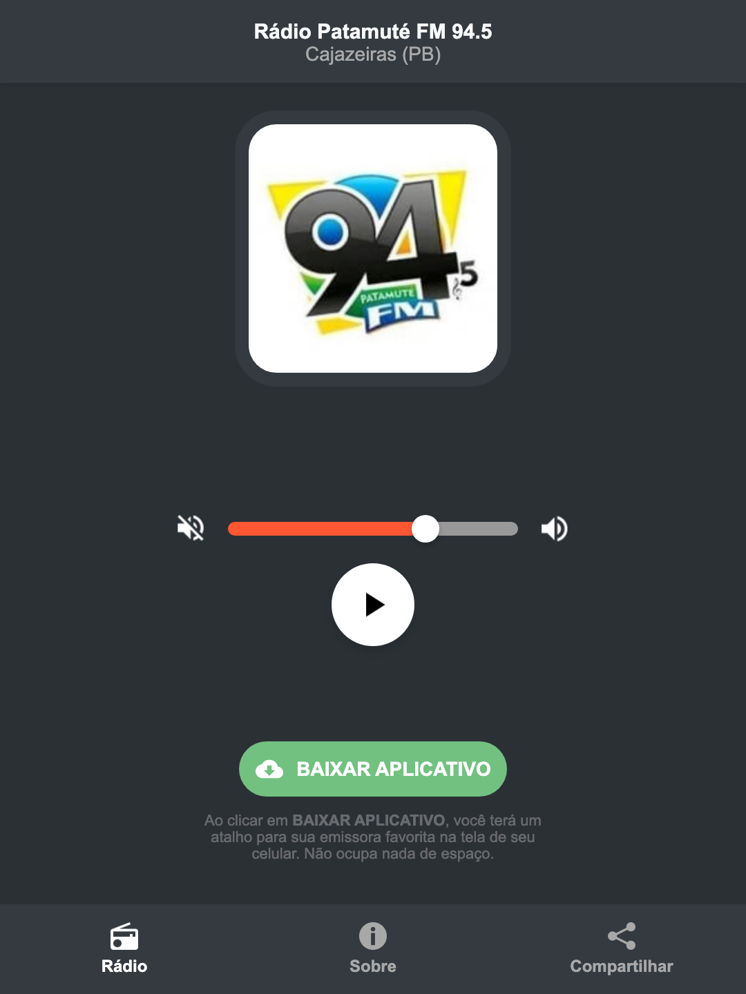 Screenshot do aplicativo da Rádio Patamuté FM 94.5
