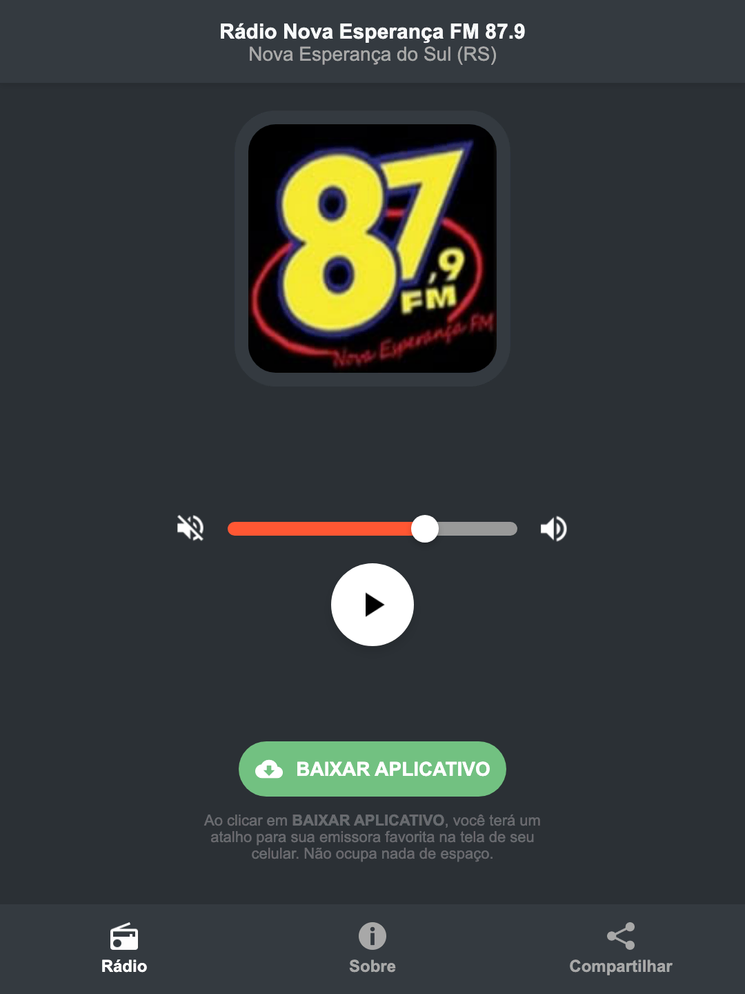 Screenshot do aplicativo da Rádio Nova Esperança FM 87.9