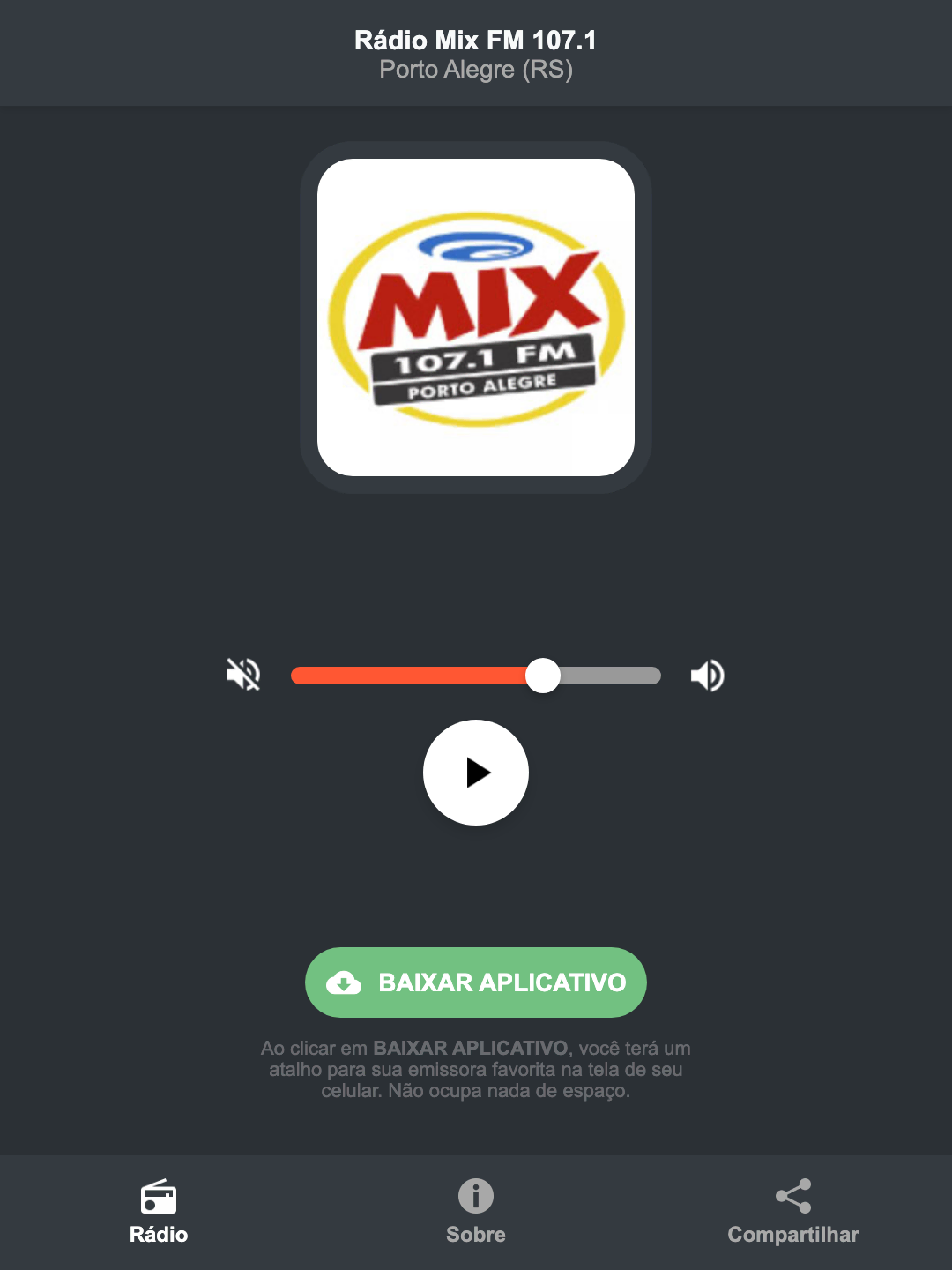 Screenshot do aplicativo da Rádio Mix FM 107.1