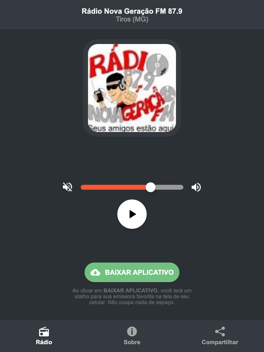 Screenshot do aplicativo da Rádio Nova Geração FM 87.9