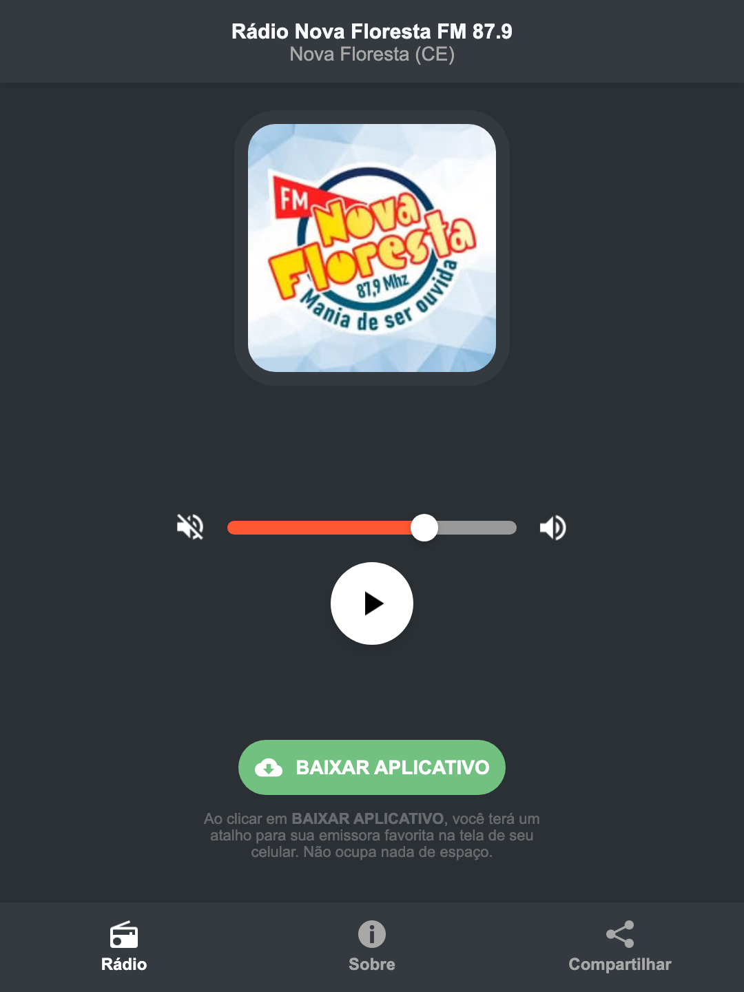 Screenshot do aplicativo da Rádio Nova Floresta FM 87.9