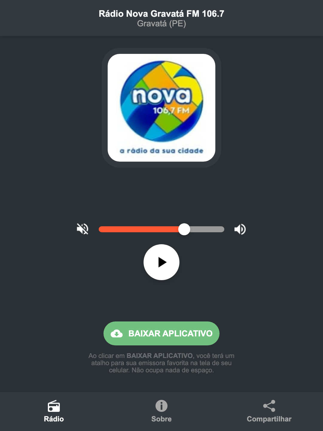 Screenshot do aplicativo da Rádio Nova Gravatá FM 106.7