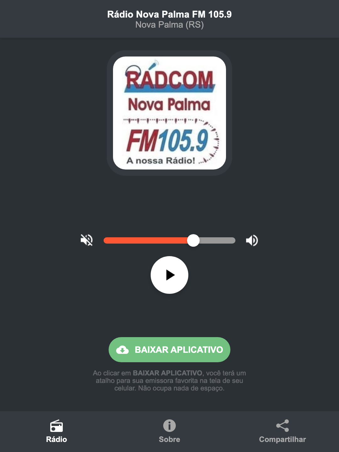 Screenshot do aplicativo da Rádio Nova Palma FM 105.9