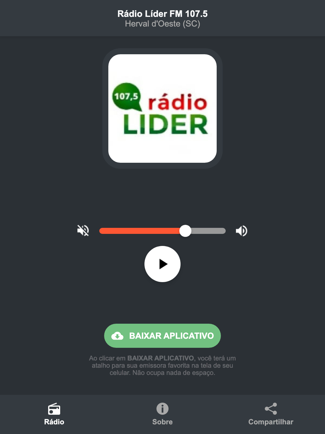 Screenshot do aplicativo da Rádio Líder FM 107.5