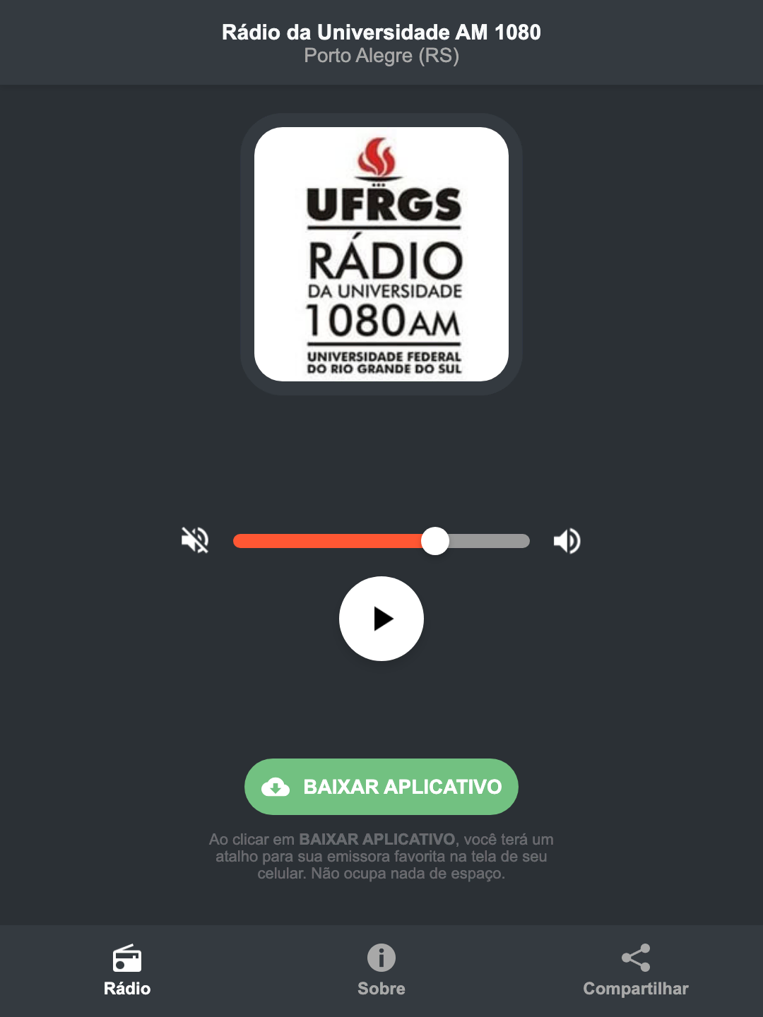 Screenshot do aplicativo da Rádio da Universidade AM 1080