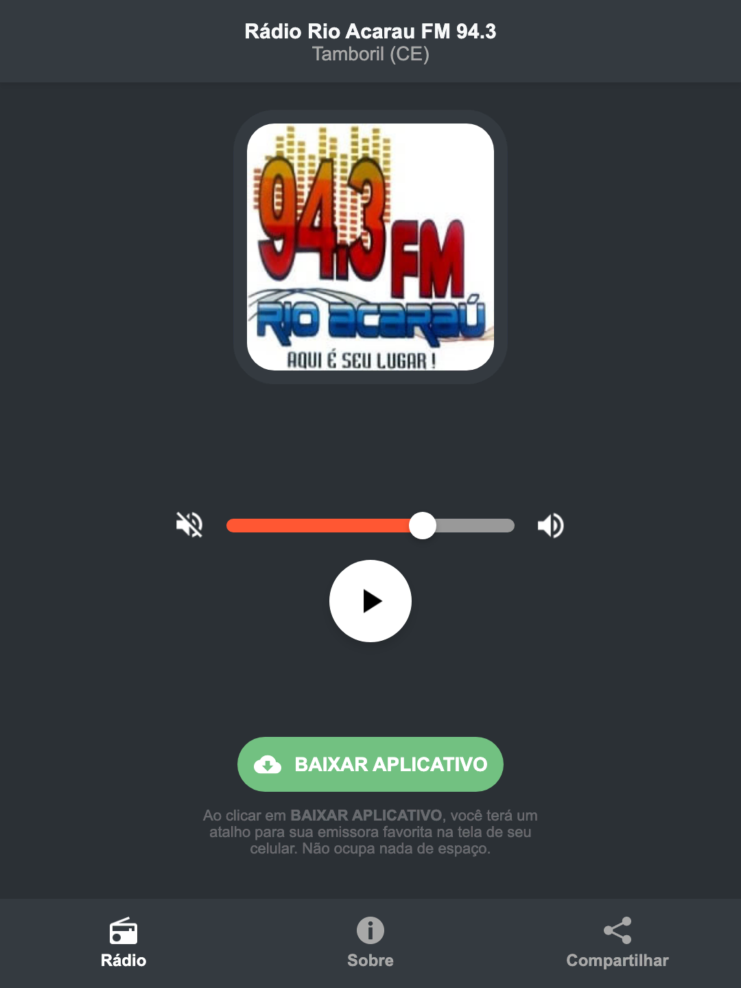 Screenshot do aplicativo da Rádio Rio Acarau FM 94.3