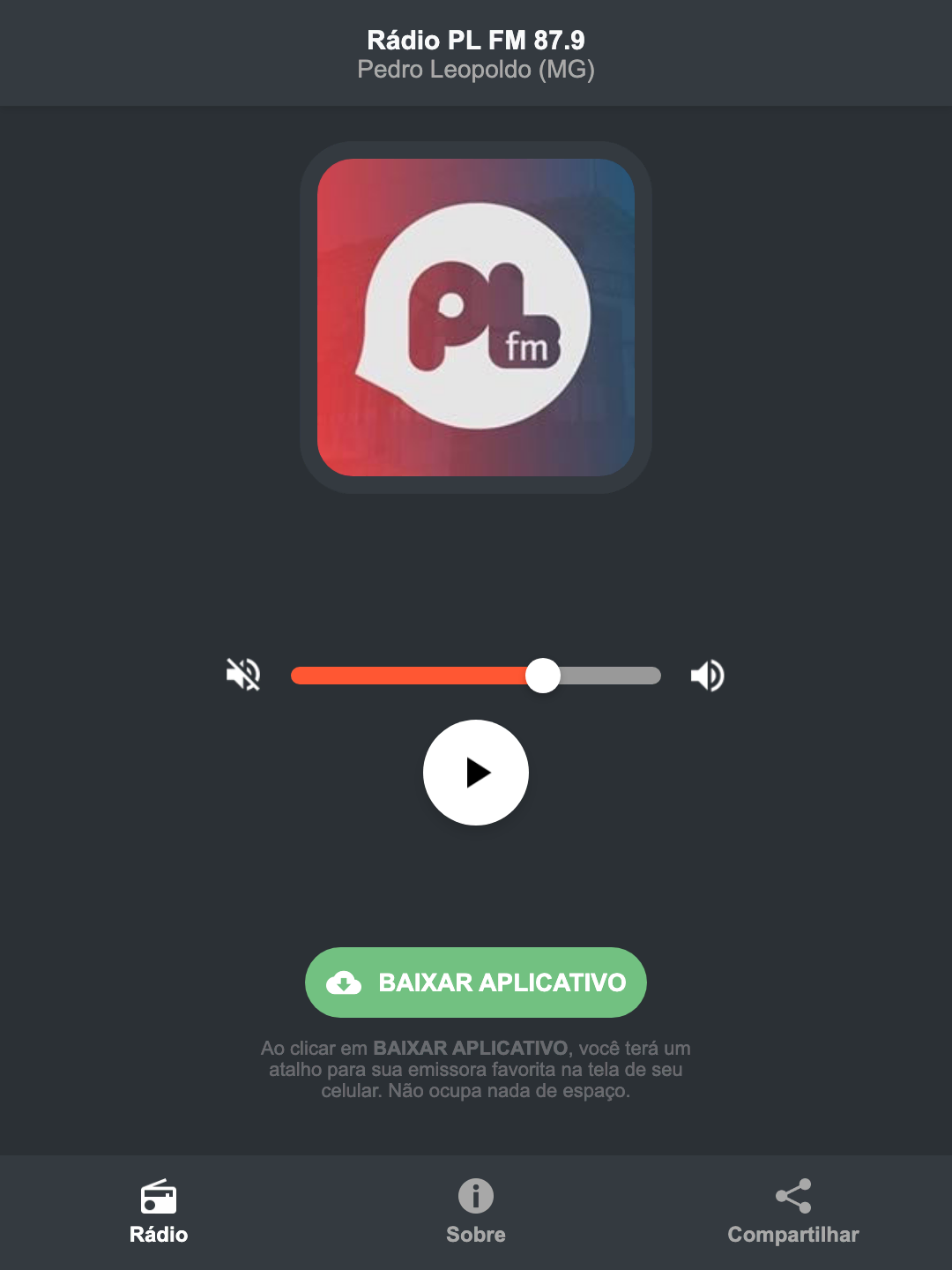 Screenshot do aplicativo da Rádio PL FM 87.9