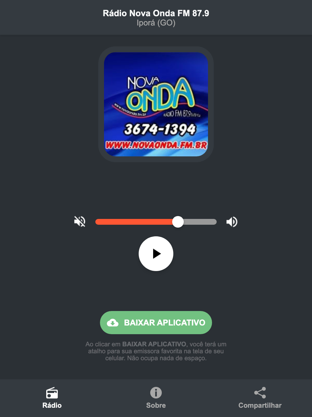 Screenshot do aplicativo da Rádio Nova Onda FM 87.9
