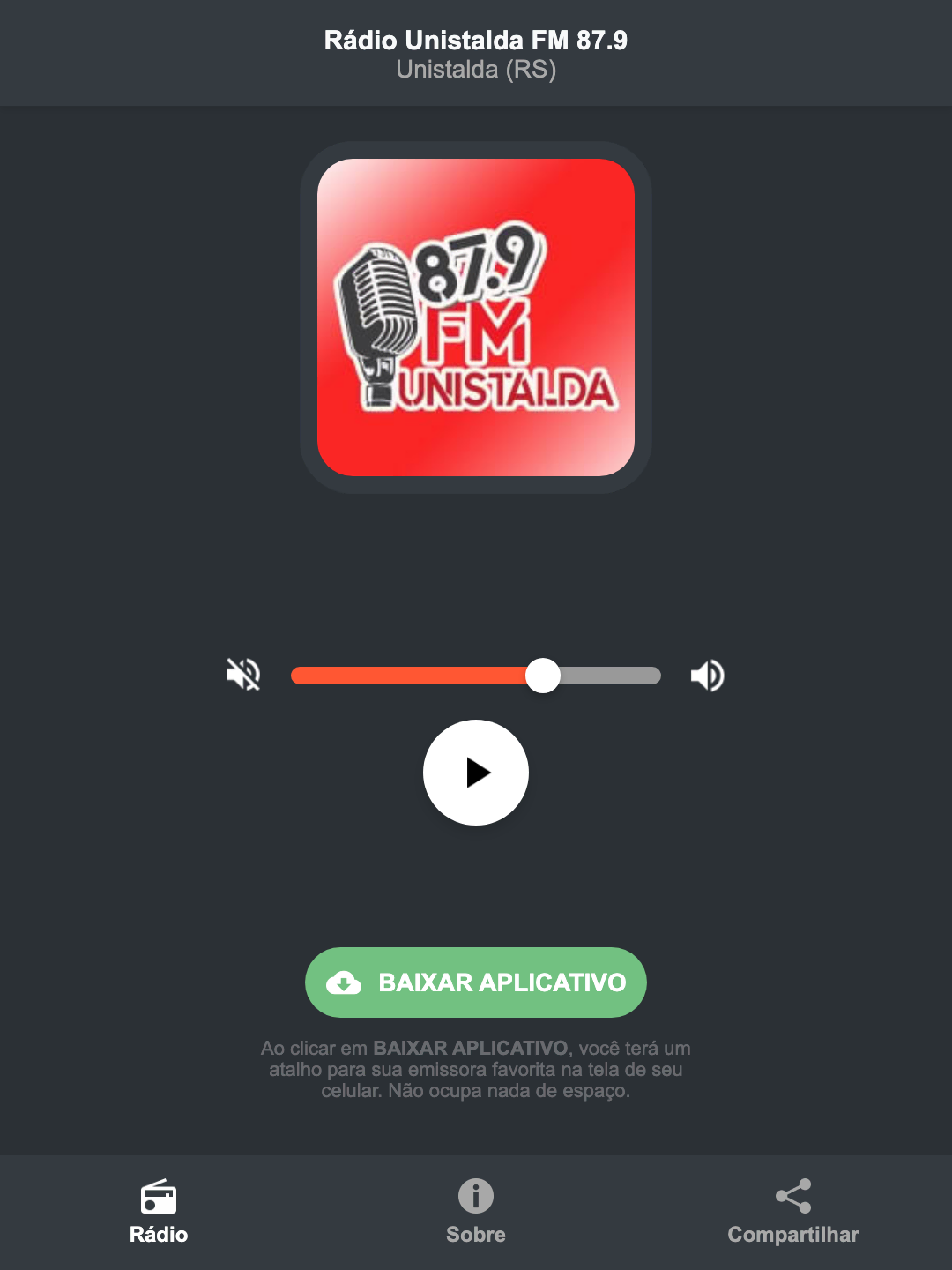 Screenshot do aplicativo da Rádio Unistalda FM 87.9
