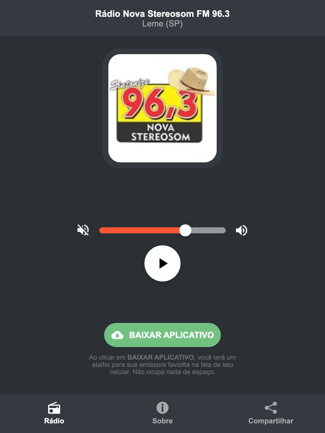 Screenshot do aplicativo da Rádio Nova Stereosom FM 96.3
