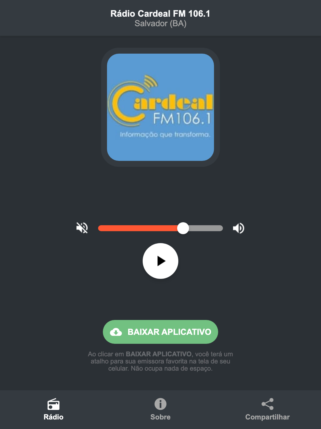 Screenshot do aplicativo da Rádio Cardeal FM 106.1
